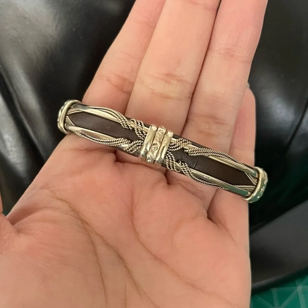 Leather brass wired silver tone cuff bracelet